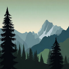 Silhouette of a pine tree forest and mountain landscape, USA