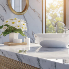 White empty marble counter top table with bathroom counter, wash basin, mirror and flower in bathroom in beautiful morning sunlight in background. 3D render for product display mockup