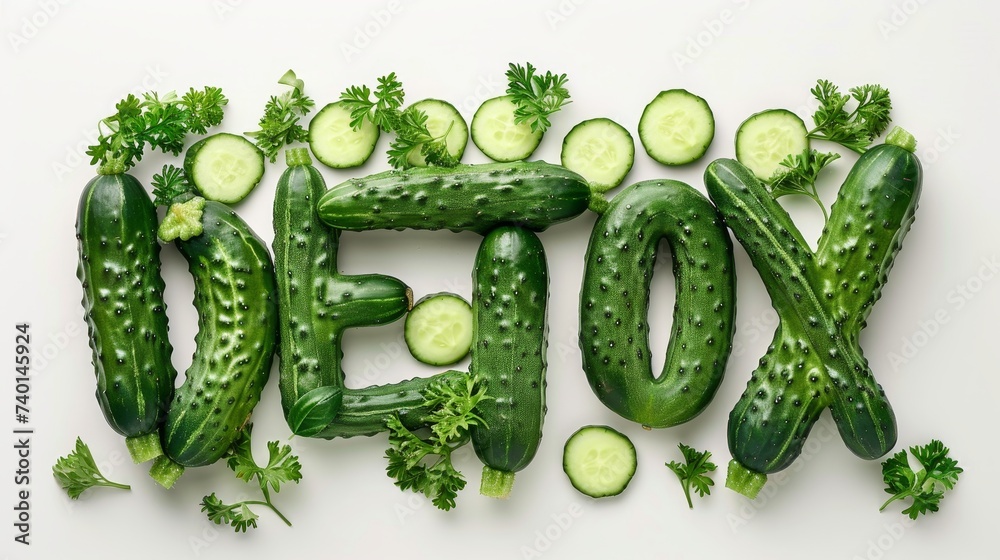 Poster DETOX creative word art sculpture made entirely with fresh cucumbers and parsley. The word is formed by carefully arranging the vegetables to create a visually appealing display
