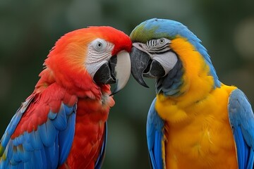 Fototapeta premium Two vivid parrots with bright feathers are captured standing side by side, showcasing their brilliant hues and charming personalities