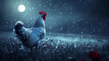 a starry night, a solitary hen with feathers that appear as if spun from moonbeams stands amidst a field of darkness - obrazy, fototapety, plakaty