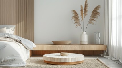 Modern bedroom interior design with wooden round table