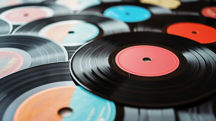 Vintage vinyl records, carefully arranged in a spiral pattern, evoke a sense of nostalgia