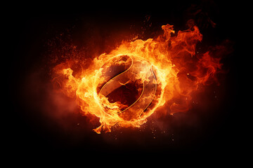 An amber volleyball engulfed in flames against a black backdrop