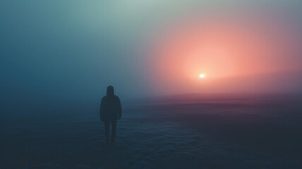 Solitary person standing in Misty Field at Sunrise