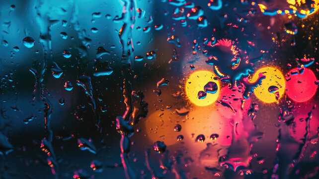 rain with water drops on window with bokeh and light reflections at night