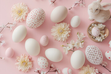 Fototapeta na wymiar Fotografía para Pascua, temporada de Pascua, con huevos de Pascua y conejitos