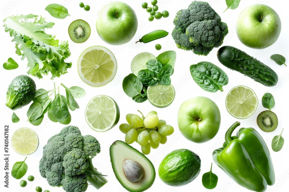 Poster a collection of various green fruits and vegetables arranged neatly on a plain white background