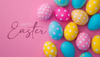 Fototapeta na wymiar Easter card. Colorful eggs on pink background. Minimal Easter concept. Flat lay.