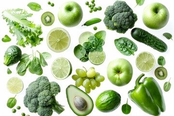 a collection of various green fruits and vegetables arranged neatly on a plain white background - obrazy, fototapety, plakaty