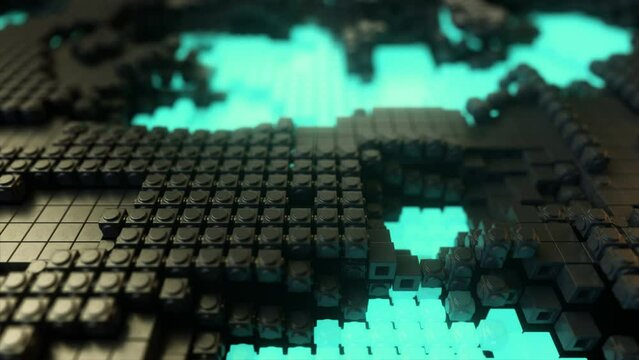 3D animation featuring a digital landscape with turquoise energy flows across a tech hex grid.