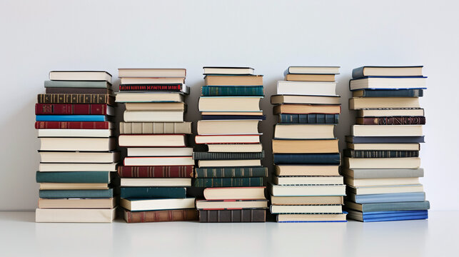 Well-loved books, stacked neatly, create a sense of order on the seamless white surface