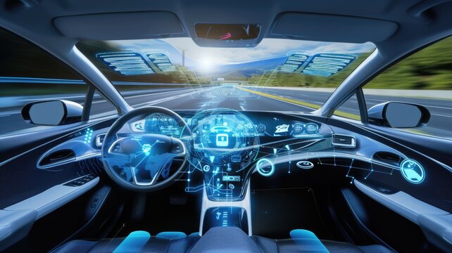Futuristic car dashboard and steering with advanced navigation system on highway, self-driving car's cockpit with holographic controls
