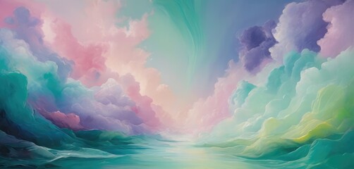 Background art, strokes of clouds of bright paint in soft green and purple colors