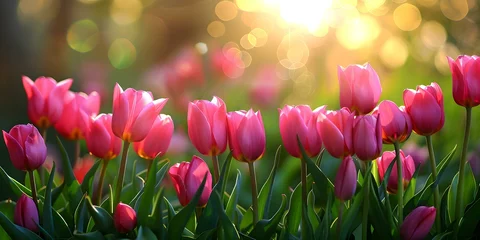 Fotobehang Vibrant pink tulips blooming in a field during the spring season. Concept Flower Photography, Spring Blooms, Pink Tulips, Nature Landscape, Vibrant Colors © Ян Заболотний