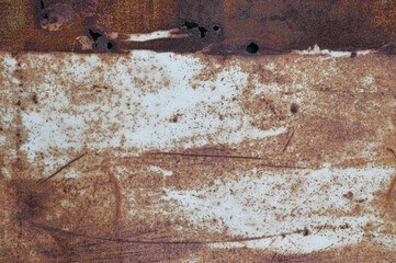 Old light blue grey painted rusty brown rustic iron metal plate background texture, horizontal aged damaged weathered punctured scratched plain paint pattern, grunge rust copy space macro closeup - 740147590