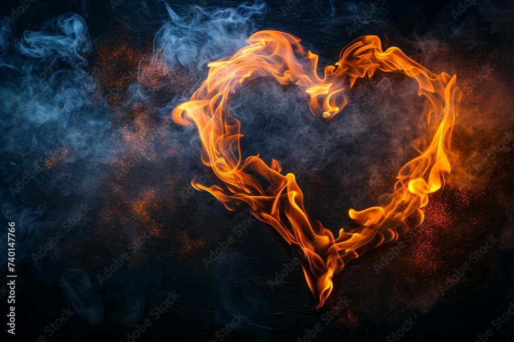 Poster heart made out of fire against a black background. the flames engulf the heart, creating a captivati