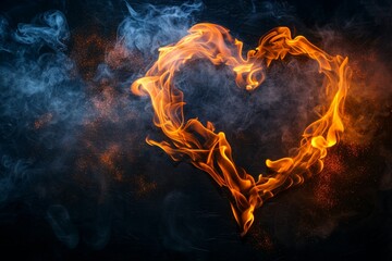  heart made out of fire against a black background. The flames engulf the heart, creating a captivating and intense visual