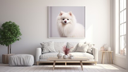 an American Eskimo Dog lounging on a white couch in a modern living room, with soft colors dominating the palette, creating a serene and contemporary ambiance.