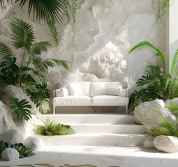 Modern natural living room design with a white couch surrounded by lush tropical plants and textured white walls illuminated by sunlight.