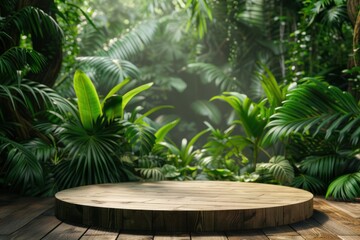 Obraz premium A beautifully crafted wooden table sits amidst a dense, vibrant jungle setting, offering a serene and natural atmosphere.