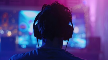 back view silhouette of adult gamer sitting in front of the screen with headphones and playing video games, blurred background