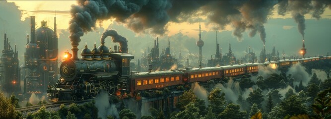 Green energy powers a steam punk world a vision of futuristic innovation and robotics - obrazy, fototapety, plakaty