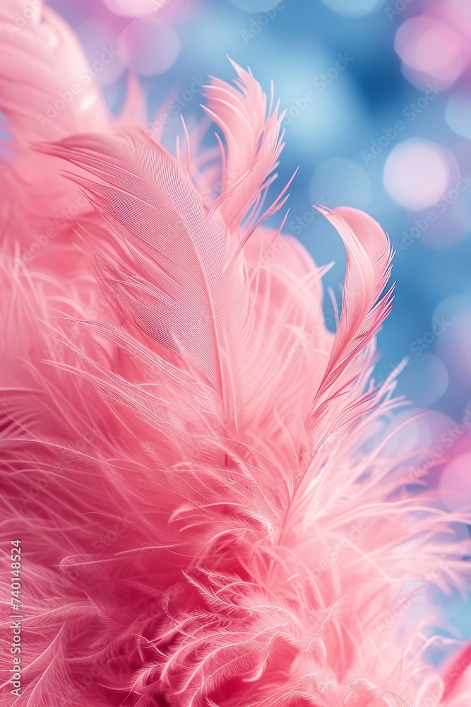 Poster a detailed close-up of a delicate pink feather resting elegantly on a vibrant blue background, showc