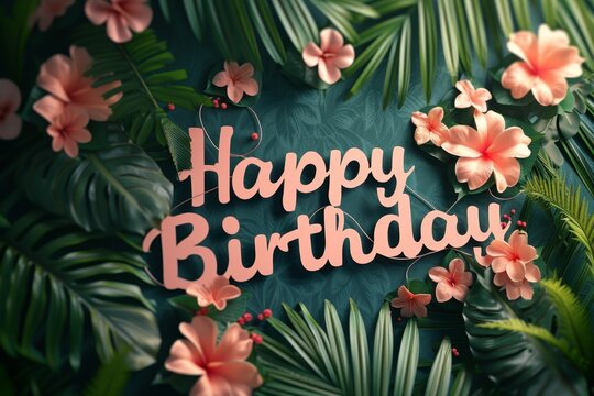A colorful happy birthday sign sits nestled among vibrant tropical leaves and flowers, creating a festive and cheerful atmosphere in the setting