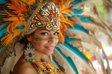 a woman wearing a intricately designed headdress adorned with a variety of colorful feathers, exuding a sense of cultural beauty and tradition