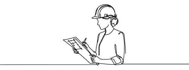 Female construction worker. Continuous line style. Hand drawn. One line. Vector design. illustration
