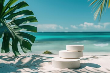 Obraz premium White display pedestals with Monstera leaves set on a sandy beach, offering a serene tropical ocean backdrop with palm fronds.