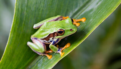 Naklejka premium Overhead view of a green white-lipped tree frog (Nyctimystes infrafrenatus) on a leaf, Indonesia