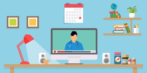 Illustrazione medico e dottore uomo di apprendimento online. Webinar. - illustrazioni con scrivania lampada accesa e video