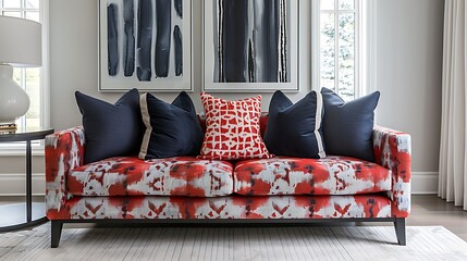 A contemporary living room with a statement sofa in a bold color or pattern as the focal point