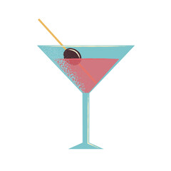 Cool summer cocktail with a straw and an olive. An alcoholic drink in a glass. Symbol of parties and festivals. Flat vector illustration isolated on white background.