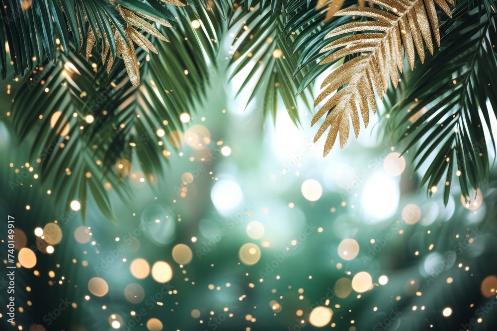Aufkleber palm tree leaves frame against a backdrop of blurred lights, creating a dreamy and tranquil atmosphe