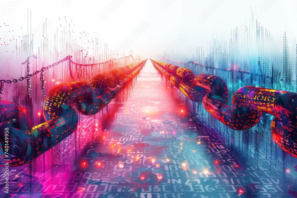 Poster Technology background of binary code made of chain
