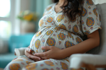 Close up pregnant woman is sitting in a chair with her hands resting gently on her belly. She appears to be in a hospital waiting area, patiently awaiting her turn - Powered by Adobe