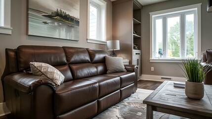 A contemporary guest room with a leather reclining sofa in espresso brown, providing comfort and functionality