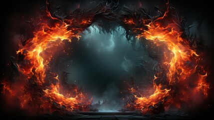 The fire ring emits a warm glow, contrasting against the dark surroundings