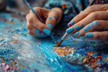 The hands, with a creative blue and floral nail design, hold a paintbrush poised above a canvas. - Powered by Adobe