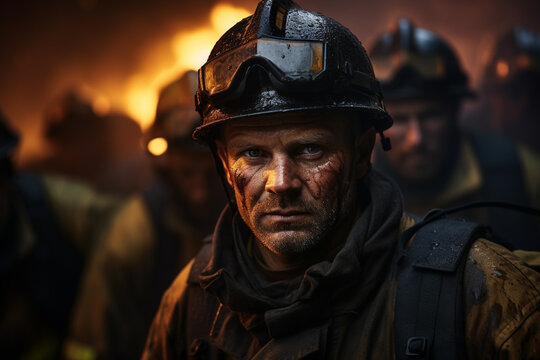 Portrait of a firefighter in a helmet. Firefighter in uniform and safety helmet 