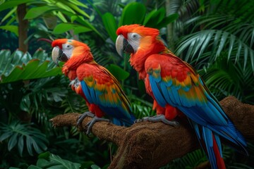 Two brilliantly colored parrots are perched on a rustic branch, their vibrant plumage standing out against the lush green background