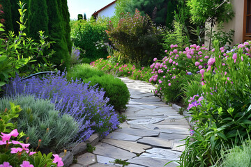 Beautiful Private Garden With Flowers, Bushes and a Walkway