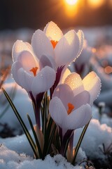 A group of delicate white crocus flowers sits gracefully on the serene, snow-covered ground,...