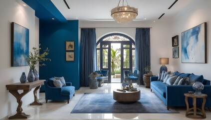 Experience the perfect blend of old and new as you witness the before and after of this villa's interior design. The eclectic modern style is brought to life through the use of blue colors and texture - obrazy, fototapety, plakaty