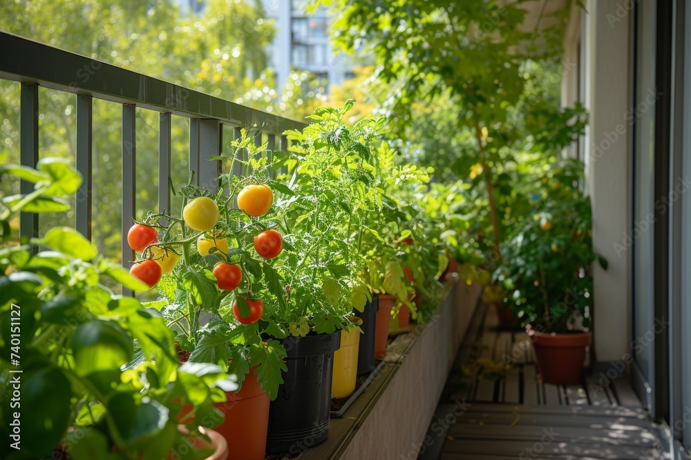 Poster a beautiful arrangement of various potted plants sitting in a row on a balcony, creating a peaceful 