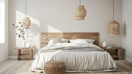 a bedroom with Scandinavian style pendant lights hanging above the bedside tables - obrazy, fototapety, plakaty