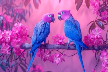 Two small, colorful birds, one blue and one pink, are peacefully perched side by side on a delicate tree branch. The birds appear serene and harmonious in their natural habitat